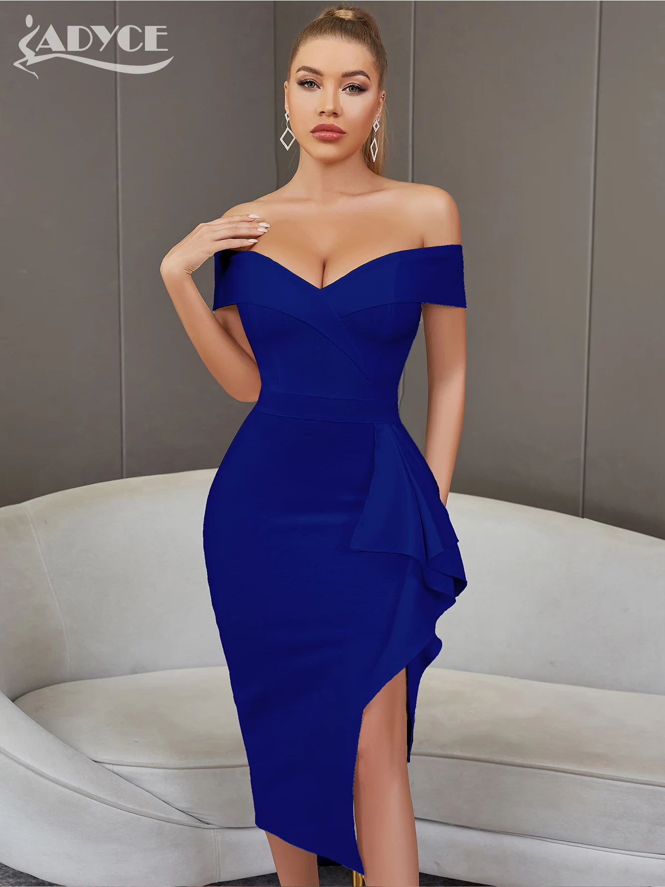 

Adyce New Summer Women Off Shoulder V Neck Bandage Dress 2023 Sexy Elegant Ruffles Midi Night Club Runway Party Dresses Vestidos