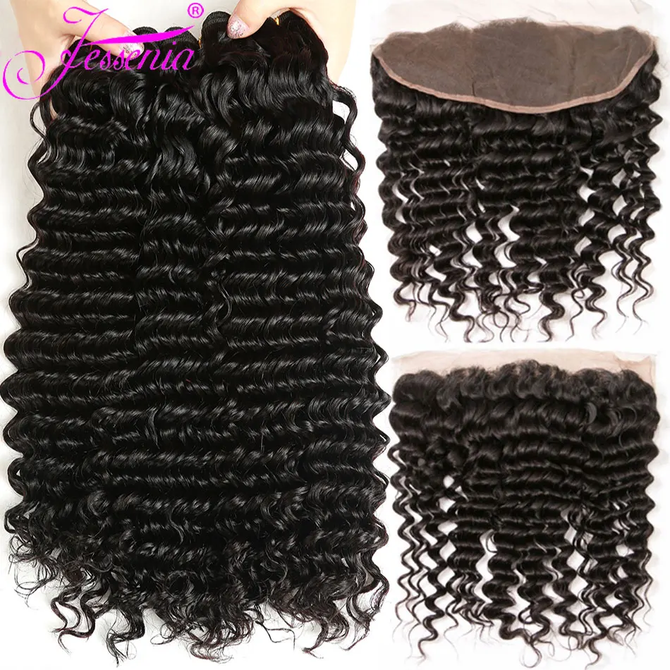 

Deep Wave Hair Weave 4 Bundles With 13x4 Lace Closure Frontal 12A Indian Wet And Wavy Virgin 100% Human Hair Bundle With Closure