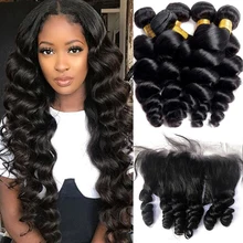 12A Mongolian Loose Deep Wave Bundles With Frontal Raw Virgin 100%Human Hair Weave 3/4Bundles With Swiss Lace Closure 13X4 Loose