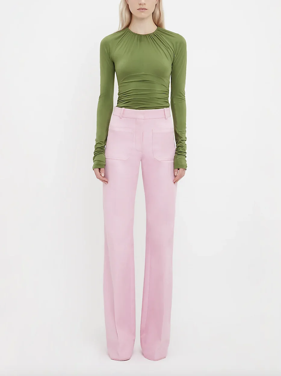 

Женские офисные брюки с завышенной талией, элегантные розовые брюки с широкими штанинами, простые минималистичные брюки в стиле Хай-стрит с накладными карманами, осень 2023