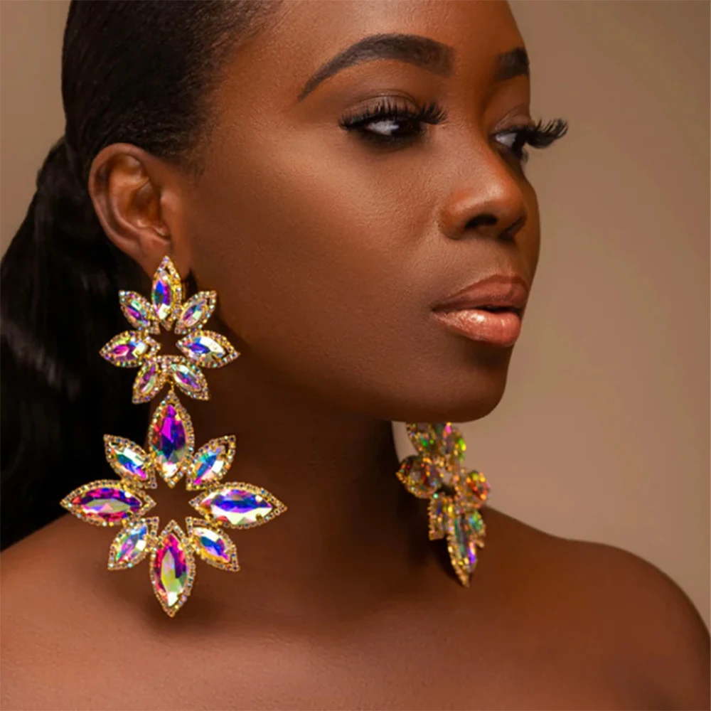 

Statement Jewelry Gold Silver Flower Dangle Drop Extra Long Large AB Crystal Rhinestone Chandelier Earrings for Women Pageant