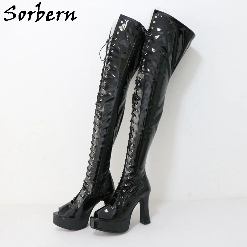 

Sorbern Black Fetish Crotch Thigh Boots For Drag Queen Shoes Open Toe Platform Open Front Block High Heel Custom Unisex Shoes