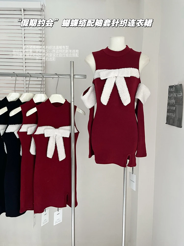 Autumn Winter Christmas Elegant Knitted Dresses for Women Frent Vintage Mini Dress Korean Fashion Party Y2k Bow Dress
Autumn Winter Christmas Elegant Knitted Dresses for Women Frent Vintage Mini Dress Korean Fashion Party Y2k Bow Dress