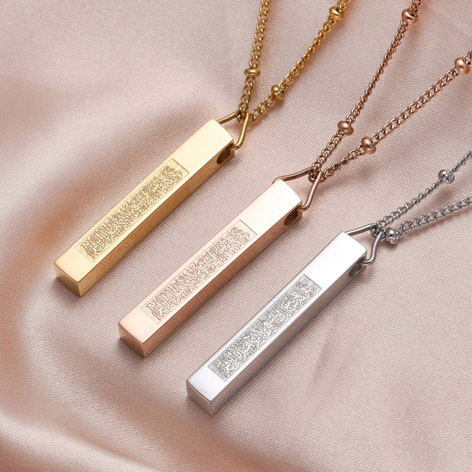 

Four Sides Engraving Personalized Rectangle Bar Custom Stainless Steel Chain Pendant Necklace For Women Love 3D Bar Nameplate