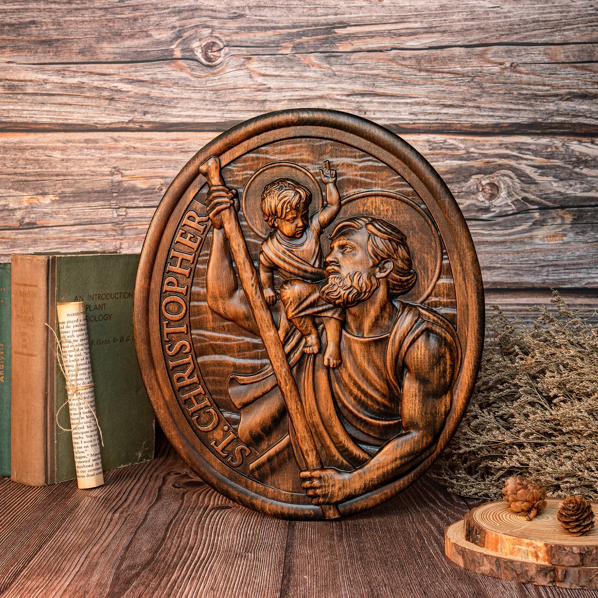 St. Christopher Wood Carving Plaque Traveler's Patron Saint Statue Wood Sculpture Christian Holy Sign Home Wall Decor
St. Christopher Wood Carving Plaque Traveler's Patron Saint Statue Wood Sculpture Christian Holy Sign Home Wall Decor