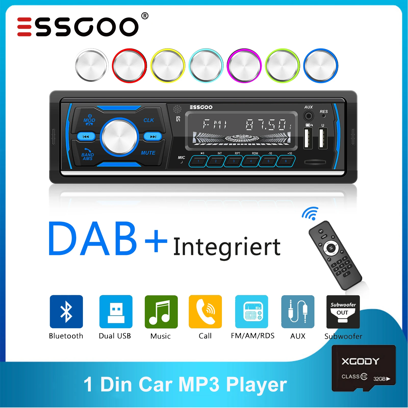 ESSGOO 1 Din Car Radio DAB RDS AM MP3 Player Bluetooth 1Din Autoradio FM Receiver USB Audio Stereo Auto Radios
ESSGOO 1 Din Car Radio DAB RDS AM MP3 Player Bluetooth 1Din Autoradio FM Receiver USB Audio Stereo Auto Radios
