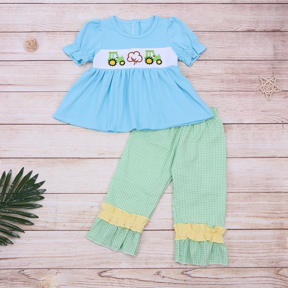 Truck Cotton Embroidery Baby Girl Outfit Clothes Blue Short Top Green Lattice Long Pants Girls Ruffle Cloth For 1-8T Children
Truck Cotton Embroidery Baby Girl Outfit Clothes Blue Short Top Green Lattice Long Pants Girls Ruffle Cloth For 1-8T Children
