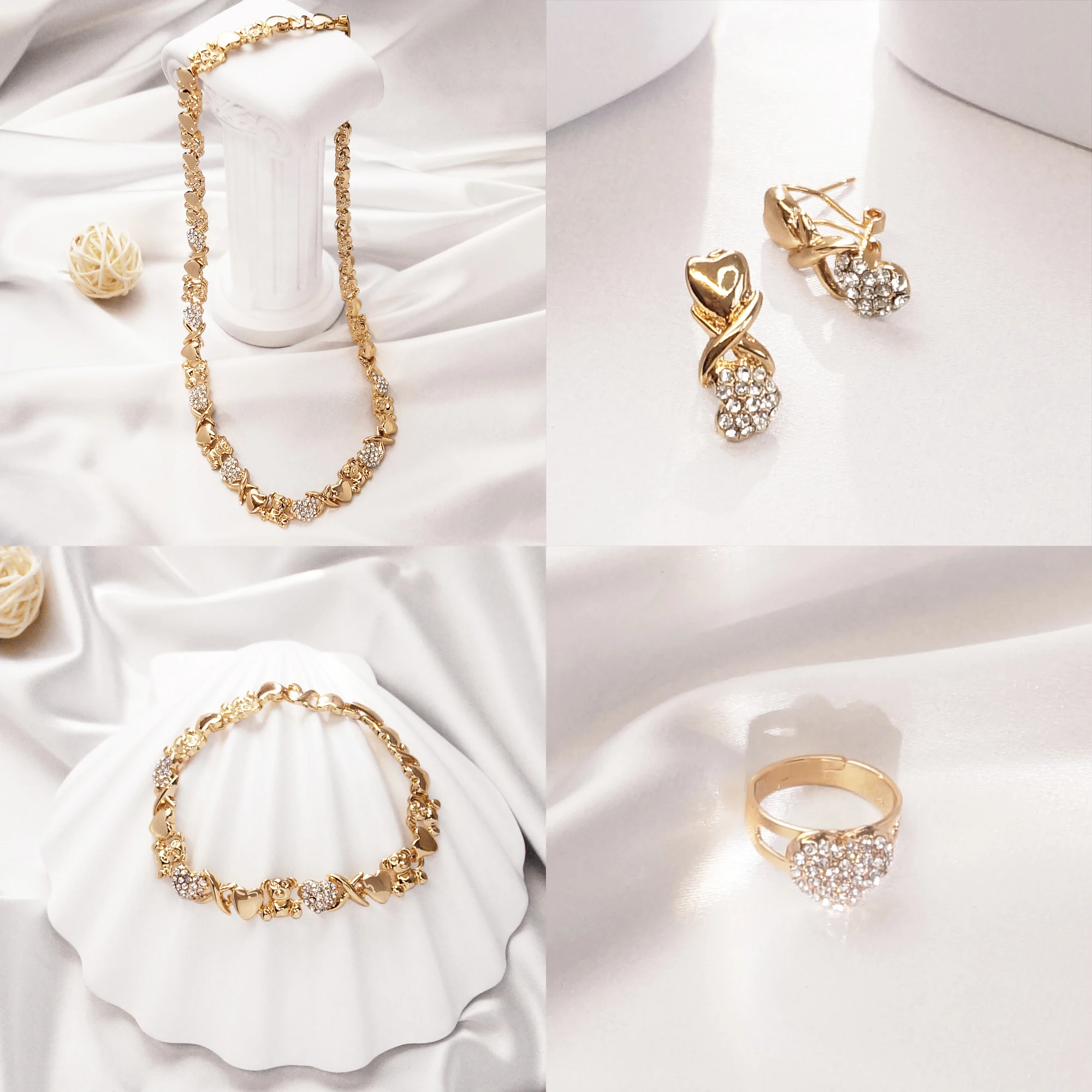 

New Arrival Heart Xoxo Jewelry Set Bridal Gold Plated Jewelry Hugs and Kisses I Love You Necklace Earrings Ring Bracelet Gift