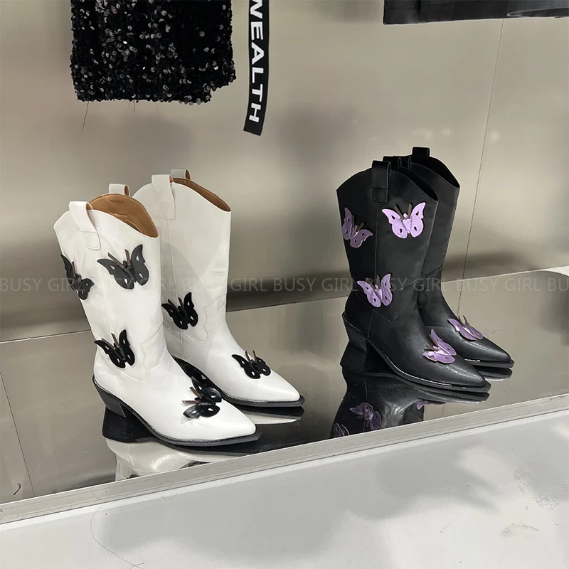 White and black butterfly decorate female western denim boots 43 -size straight barrels and knee boots
White and black butterfly decorate female western denim boots 43 -size straight barrels and knee boots