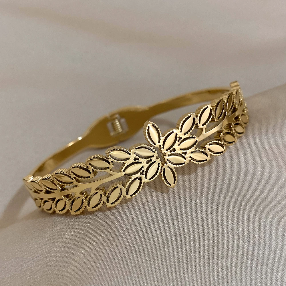 

Vintage Stainless Steel Hollow Wide Bracelet Bangle For Women Fashion Gold Color Wheat Leaves Bracelets Greek Wristband Jewelry
