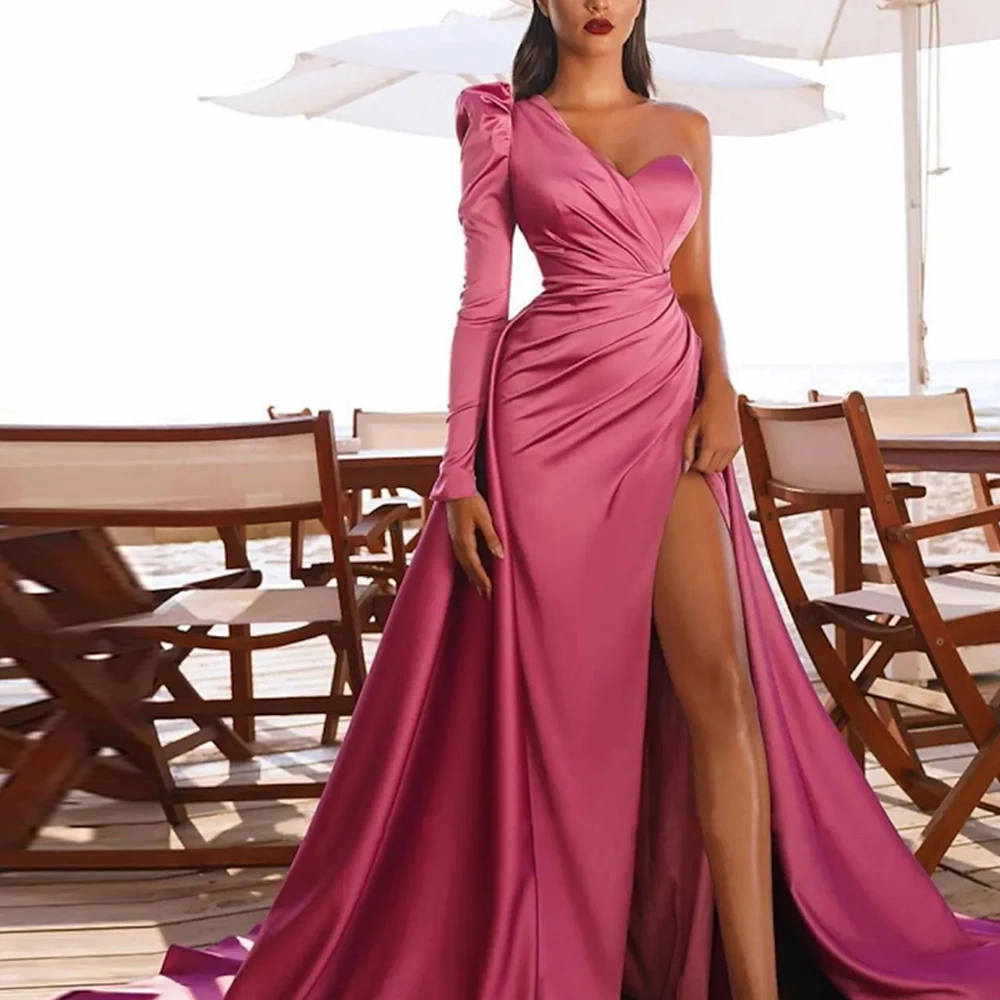Elegant Party Wear Prom Birthday Dress A Line One Shoulder Long Sleeve Court Train Evening Gowns Satin Ruched Slit 2022 فستان
Elegant Party Wear Prom Birthday Dress A Line One Shoulder Long Sleeve Court Train Evening Gowns Satin Ruched Slit 2022 فستان