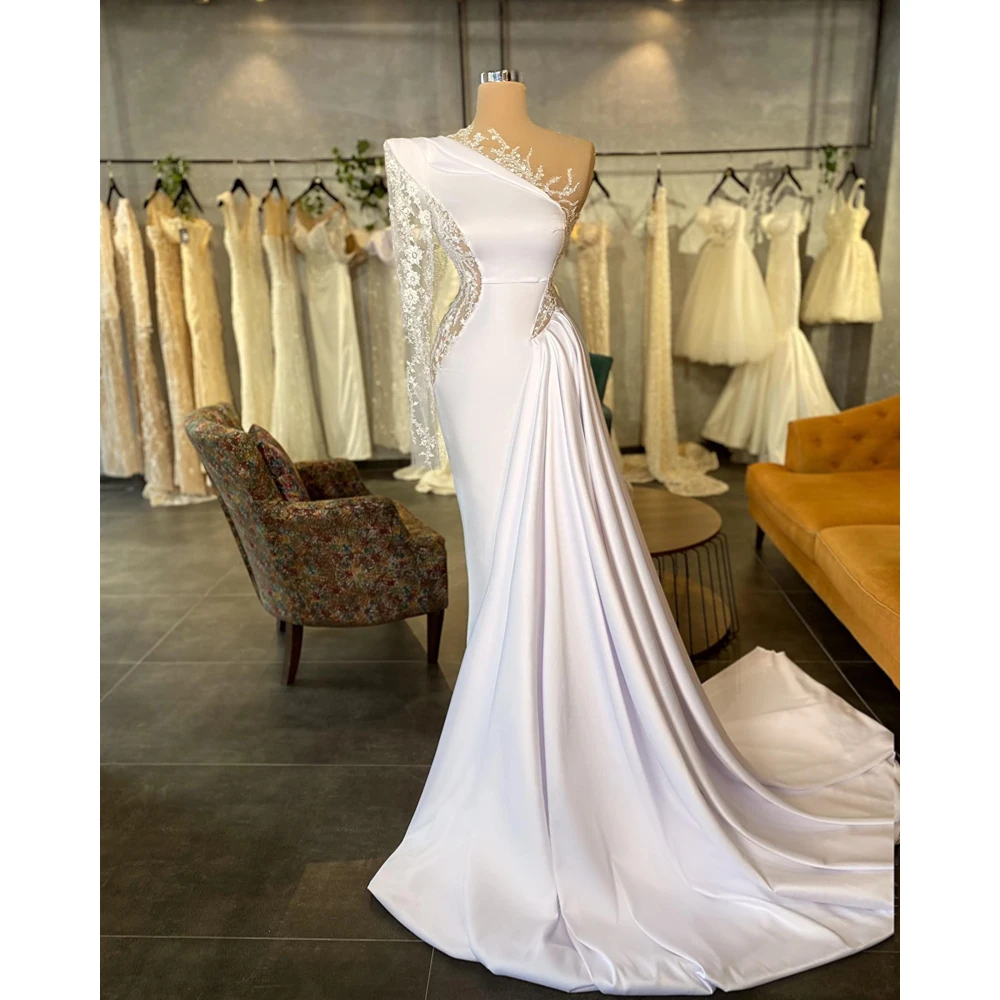 Vintage White Evening Dresses Sexy One Shoulder Appliques Long Sleeve Prom Gowns Illusion Floor Length Party Celebrity Gowns
Vintage White Evening Dresses Sexy One Shoulder Appliques Long Sleeve Prom Gowns Illusion Floor Length Party Celebrity Gowns
