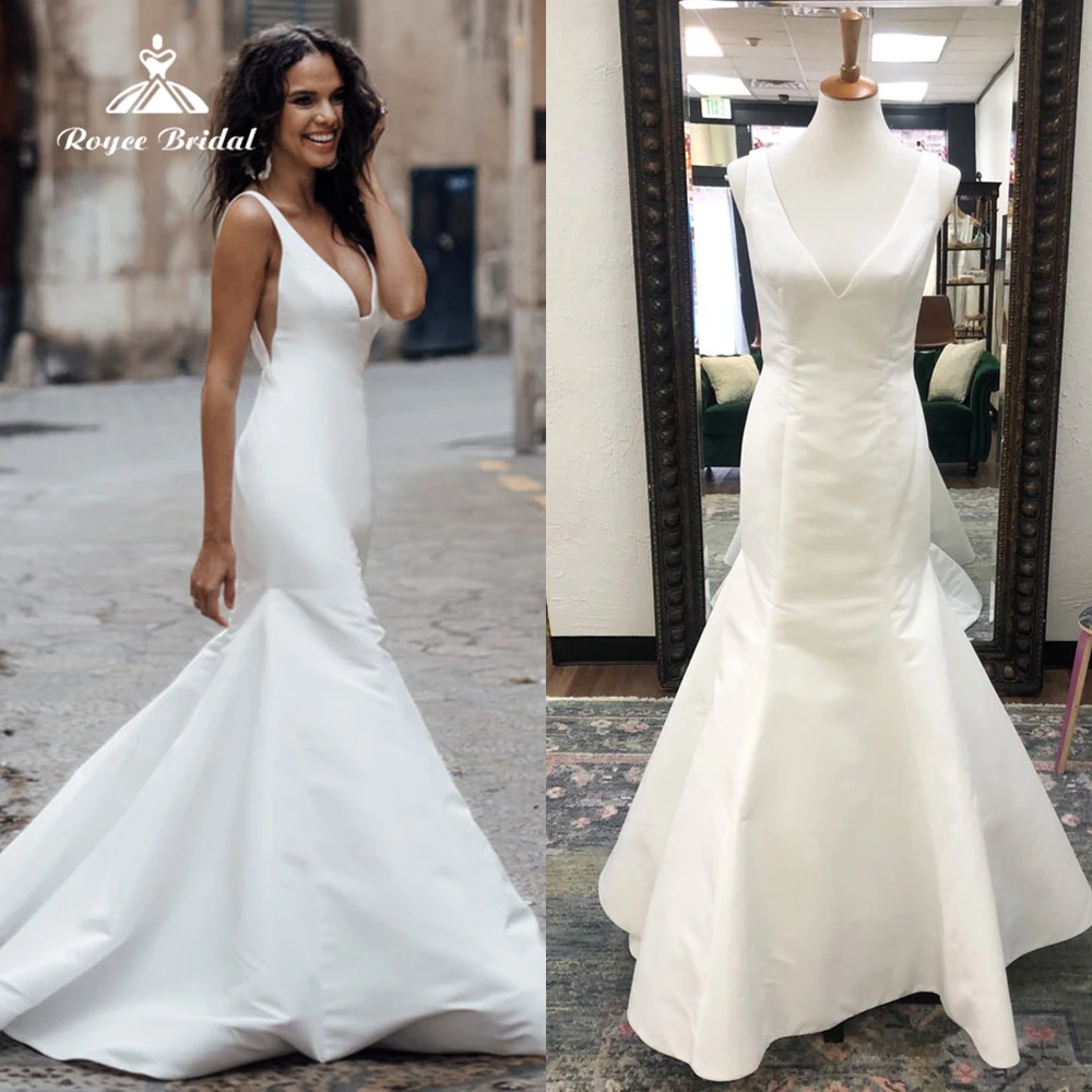 Simple V Neck Sleeveless Pleat Satin Mermaid Wedding Dress For Women Sexy Bridal Gowns Back Button Sweep Vestidos De Novia Robe
Simple V Neck Sleeveless Pleat Satin Mermaid Wedding Dress For Women Sexy Bridal Gowns Back Button Sweep Vestidos De Novia Robe