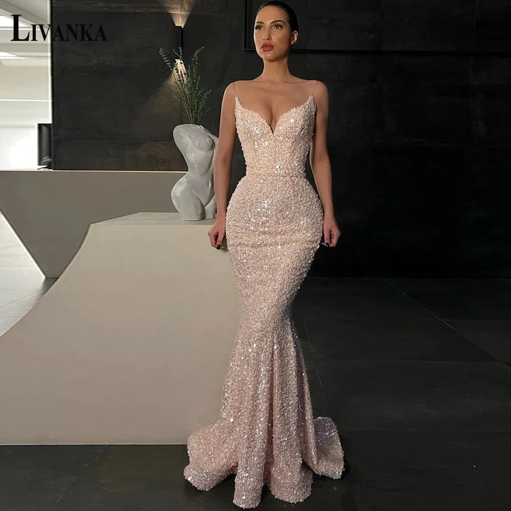 

LIVANKA Glitter Evening Prom Dresses Sexy Sweetheart Spaghetti Strap Sleeveless Trumpet Charming Personalised Robe de soirée