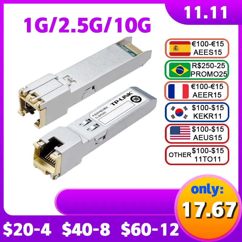 

TP-LINK TL-SM510U 10-Gigabit SFP+Single Mode Fiber Optical Ethernet Module 10G 2.5G Sfp Ethernet Converter RJ45 Port