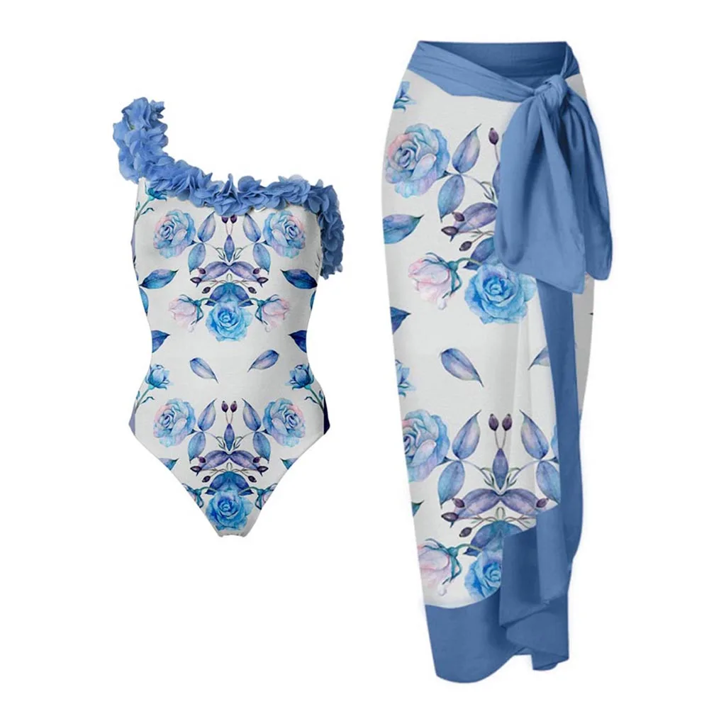 

Blue Printed Petal Trim Single Piece Micro Monokini Sexy Swimsuits and Cover-Ups Tankini Women Swimming Suits