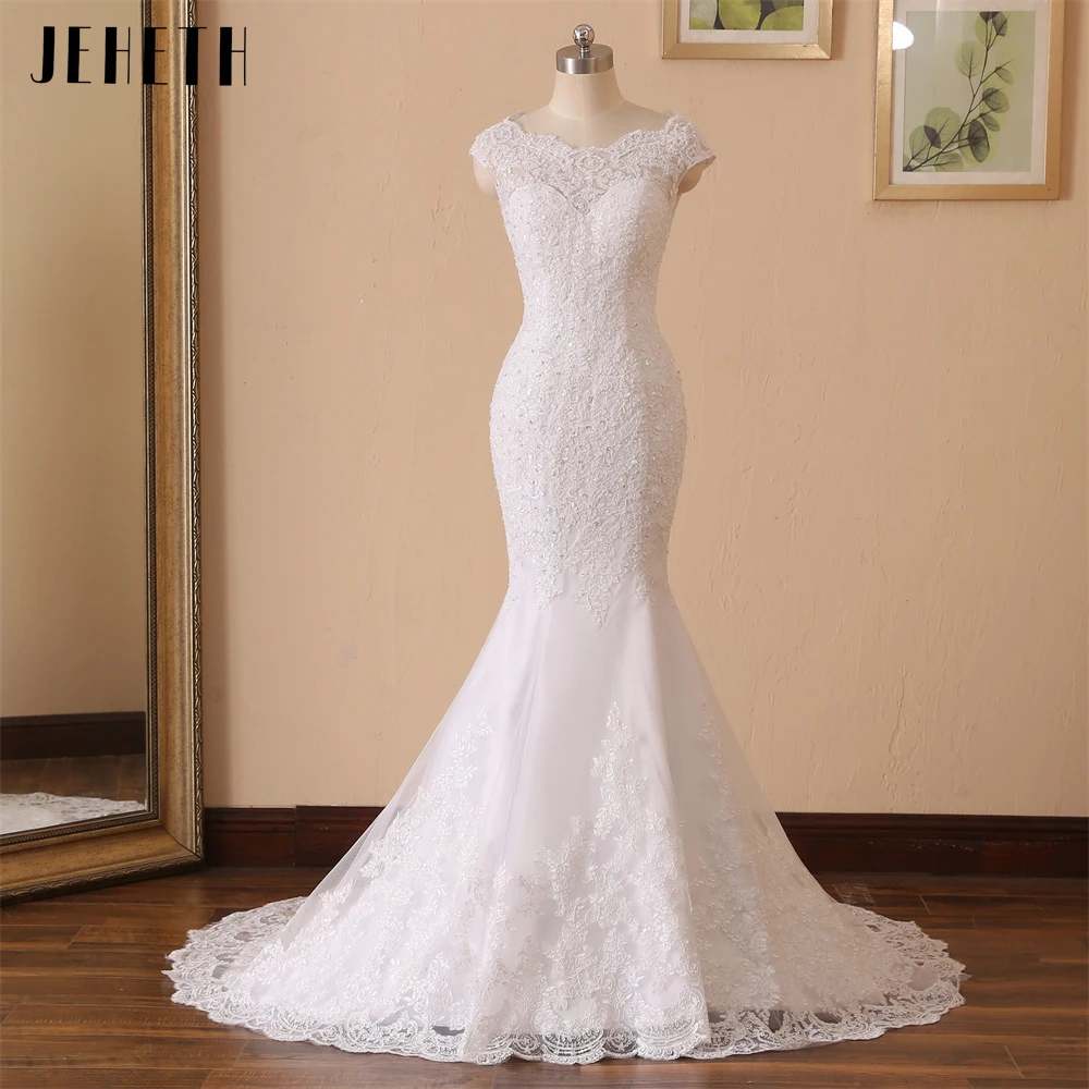 

JEHETH Mermaid Wedding Dress 2023 Romantic Illusion Appliques Beading Cap Sleeve Scoop Neck Beach Bridal Gown Vestido De Noiva