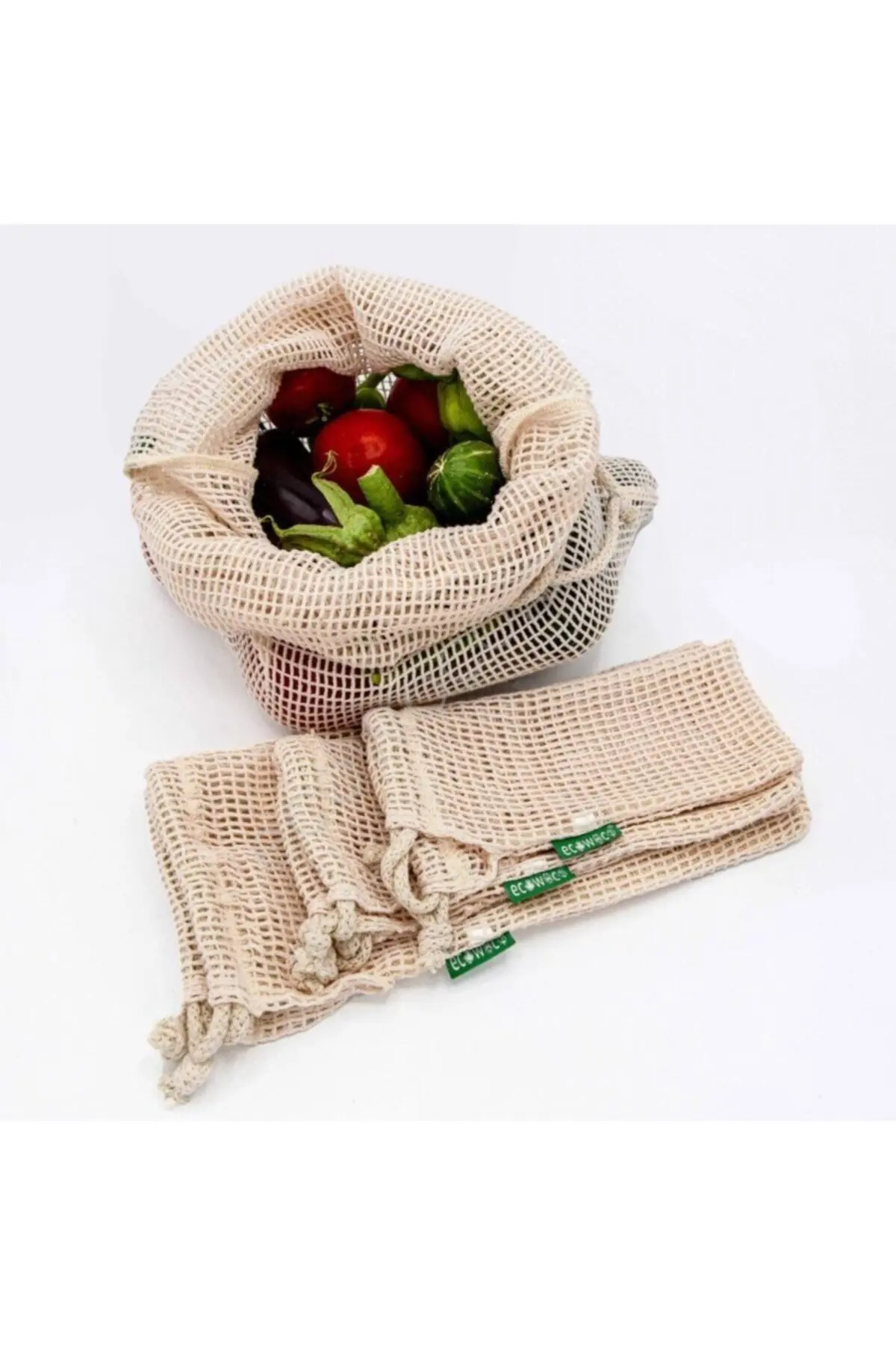 

Handmade 100% Organic Cotton Mesh Pouch Set of 4 - Stylish Carrying Net - Shirred Closure Storage Net