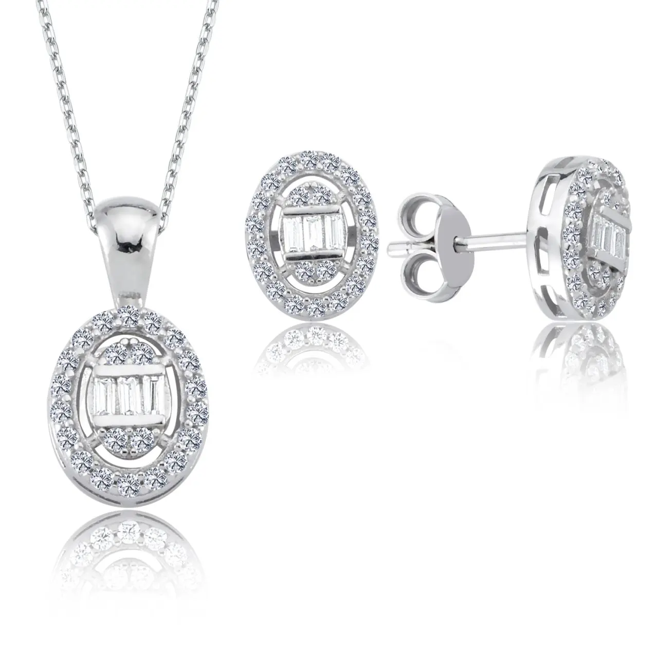 DiamondMounted Craftsmanship 925 Sterling Silver Square Oval Round Shaped White Gold Plated Certified Necklace Earrings Mini Set
DiamondMounted Craftsmanship 925 Sterling Silver Square Oval Round Shaped White Gold Plated Certified Necklace Earrings Mini Set