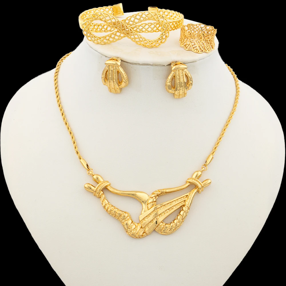 Exquisite Gold Plated Jewelry Set for Women Pendant Necklace and Earrings with Bracelet Ring 18k Golden Color Copper Jewellery
Exquisite Gold Plated Jewelry Set for Women Pendant Necklace and Earrings with Bracelet Ring 18k Golden Color Copper Jewellery