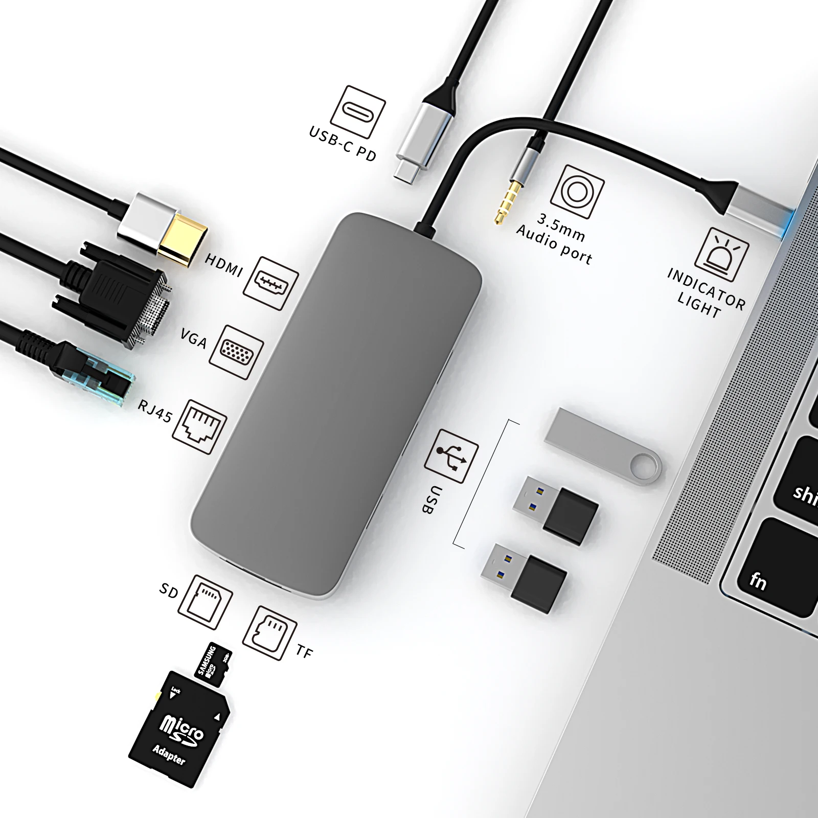 10 in 1 USB C HUB 4K HDMI Adapter Type C to HDMI-compatible RJ45 VGA PD 100W Charging USB 3.0 Audio Jack SD/TF for MacBook Pro
10 in 1 USB C HUB 4K HDMI Adapter Type C to HDMI-compatible RJ45 VGA PD 100W Charging USB 3.0 Audio Jack SD/TF for MacBook Pro
