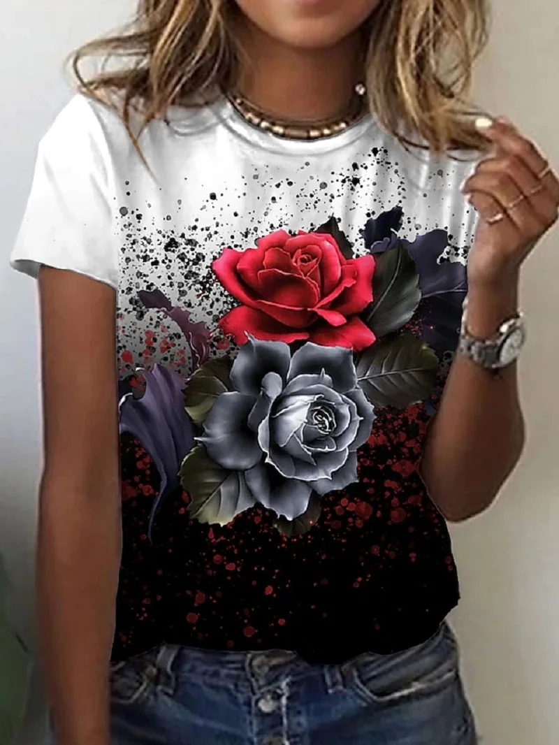 2022 European and American foreign trade women's new red, gray rose round neck casual loose printing T-shirt women's top
2022 European and American foreign trade women's new red, gray rose round neck casual loose printing T-shirt women's top
