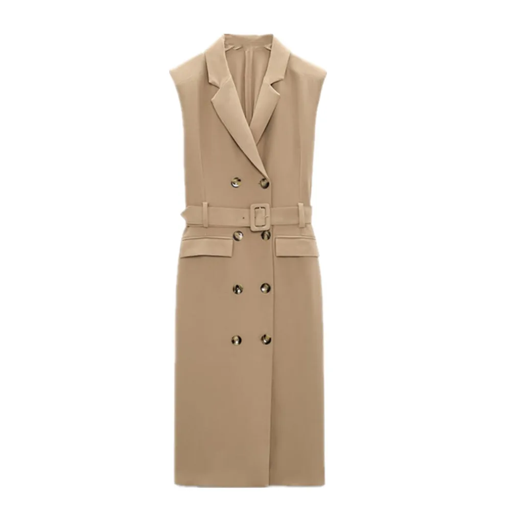 

PB&ZA autumn new women's French commuter lapel sleeveless belted double-breasted long trench coat dress 1165/193