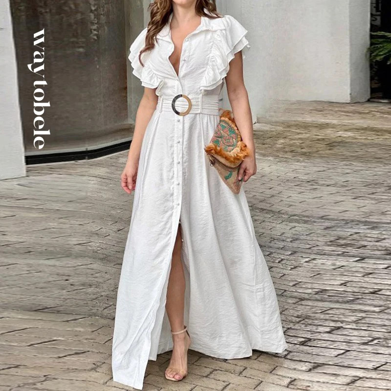 Waytobele Women Summer Fashion Double Ruffle Short Sleeve Nipped Waist V Neck Lapel Slim Solid Include Belt Party Dresses
Waytobele Women Summer Fashion Double Ruffle Short Sleeve Nipped Waist V Neck Lapel Slim Solid Include Belt Party Dresses
