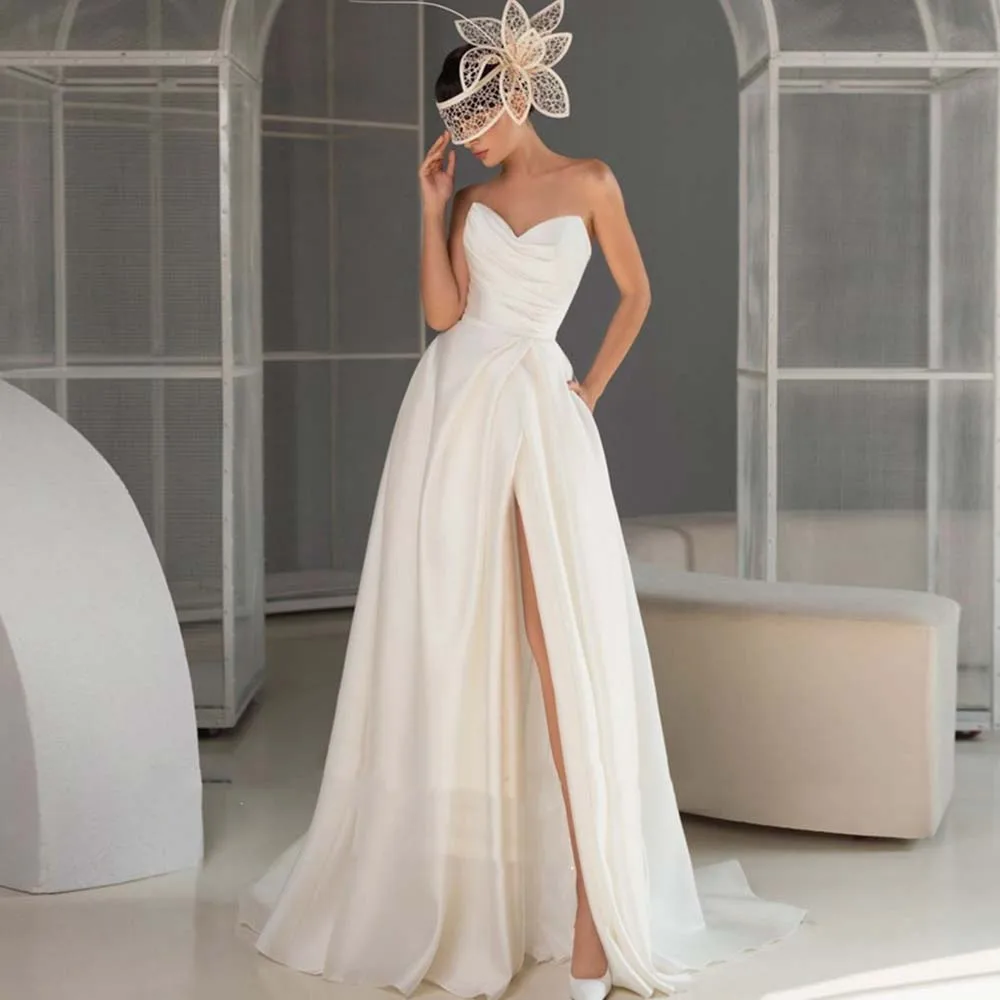 Simple Bridal Gowns Sweetheart Strapless Zipper Bride Dress Side Split Satin Pleat A-Line Wedding Gown For Women 2022 New
Simple Bridal Gowns Sweetheart Strapless Zipper Bride Dress Side Split Satin Pleat A-Line Wedding Gown For Women 2022 New