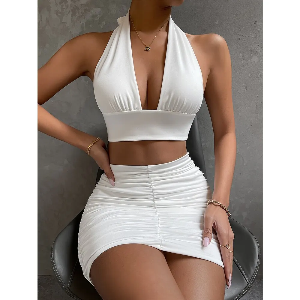 Ruched White Backless Christmas Dress Two Piece Set Club Outfit Women Halter Crop Top Mini Skirt Sexy Summer Dresses
Ruched White Backless Christmas Dress Two Piece Set Club Outfit Women Halter Crop Top Mini Skirt Sexy Summer Dresses