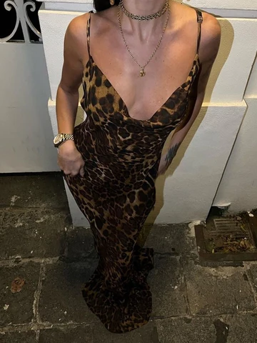Женское леопардовое вечернее платье с тонкими бретелями