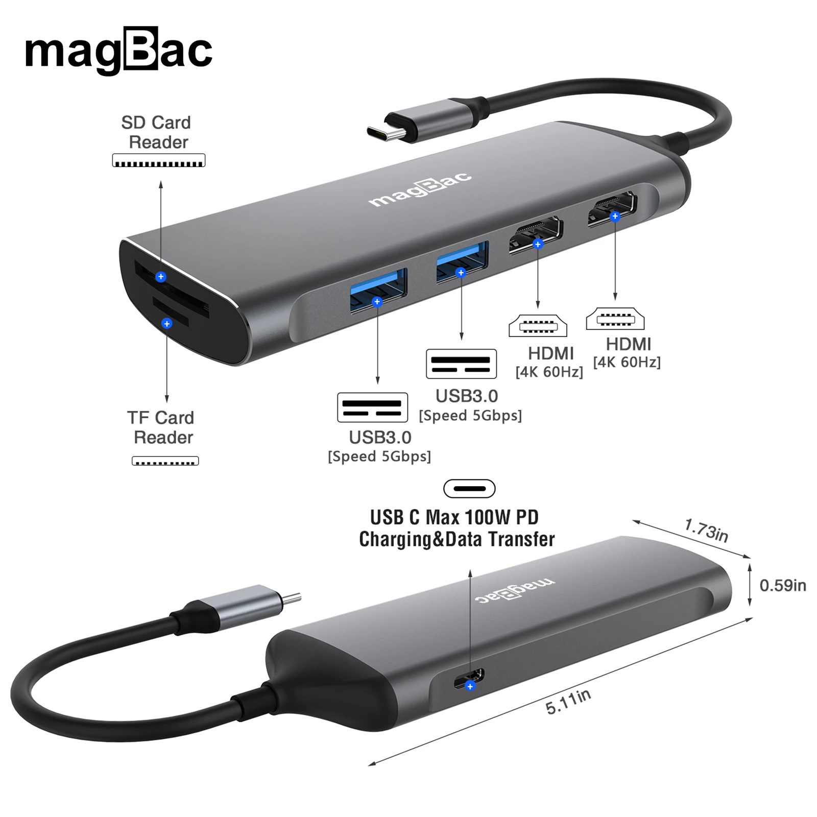 

Док-станция magBac USB C, док-станция с несколькими USB-портами, адаптер USB Type C на HDMI, 4K, 60 Гц, удлинитель с двумя мониторами для Lenovo, DELL, AUSU, HP