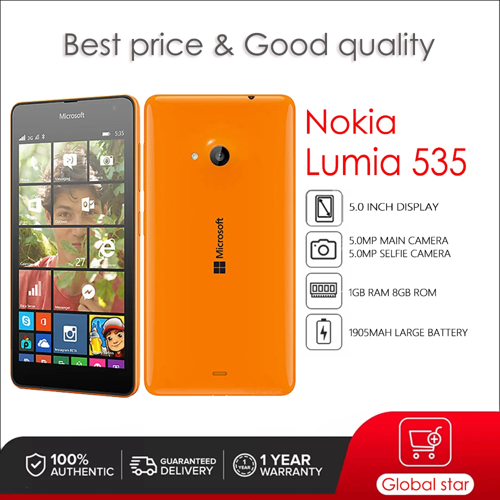 

Nokia Lumia 535 Original Unlocked Windows Mobile Phone 5.0 inches 1905mAh 5MP 1GB RAM 8GB ROM 3G High Quality Cellphone