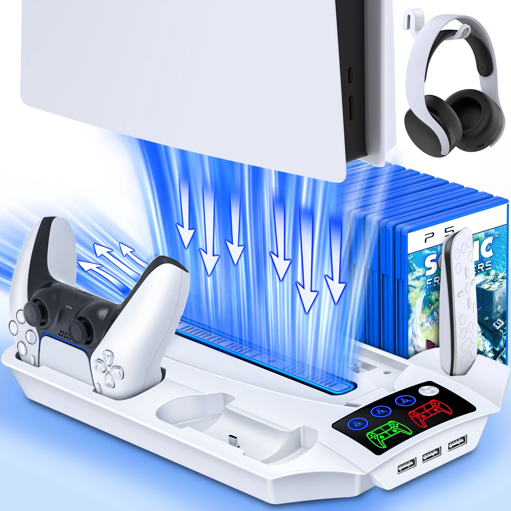 For PS5 Vertial Stand with Adjustable Cooling Fan LED Indicator Dual Fast Charging Dock Station For PS5 Wireless Controller
For PS5 Vertial Stand with Adjustable Cooling Fan LED Indicator Dual Fast Charging Dock Station For PS5 Wireless Controller
