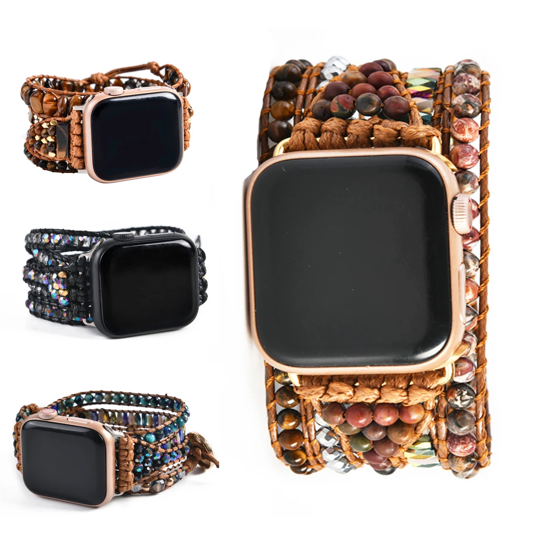 

Браслет в этническом стиле с натуральным камнем тигровый глаз Apple Watch, браслет с бусинами в стиле бохо 5, браслет для смарт-часов Iwatch Series 1-7, ак...