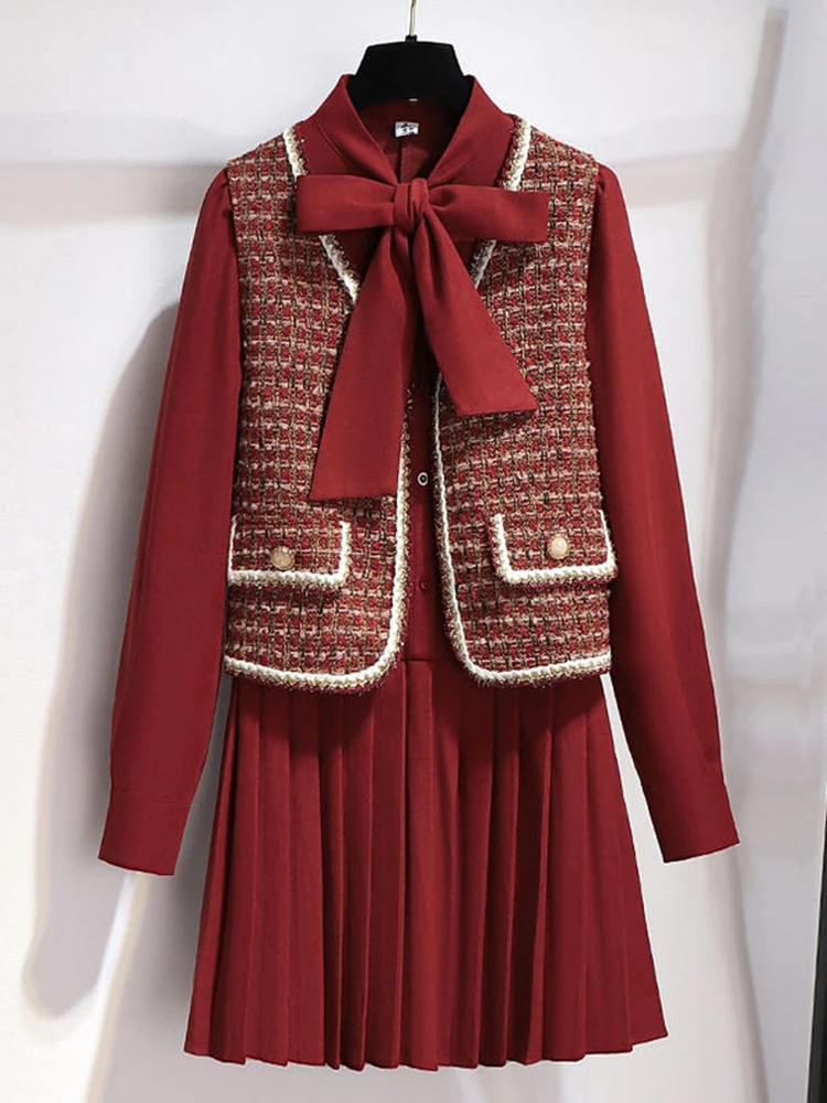 Autumn Korea Fashion 2 Piece Set For Women Vintage Small Fragrance Tweed Vest Women Long Sleeve Elegant Mini Pleated Dress
Autumn Korea Fashion 2 Piece Set For Women Vintage Small Fragrance Tweed Vest Women Long Sleeve Elegant Mini Pleated Dress