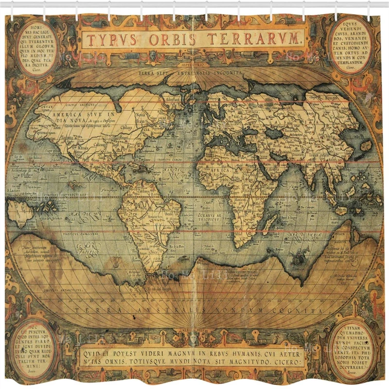 

World Map Antique Chart Vintage Style Sepia Toned Newspaper Print With Old Fashioned Illustrations Shower Curtain Cloth Fabric