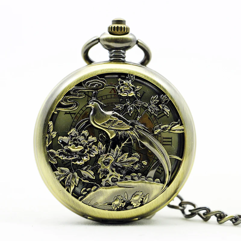 

Vintage Bronze Roman Numeral Flower Bird Pocket Watch Mechanical Hand-winding Mens Pocket Fob Watches reloj de bolsillo