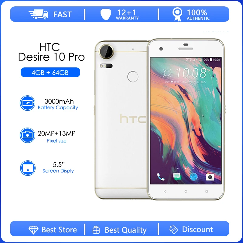 

HTC Desire 10 pro Refurbished-Original Mobile Phone 4GB RAM 64GB ROM LTE Octa Core Android OS 6.0 Dual SIM 20MP 5.5"