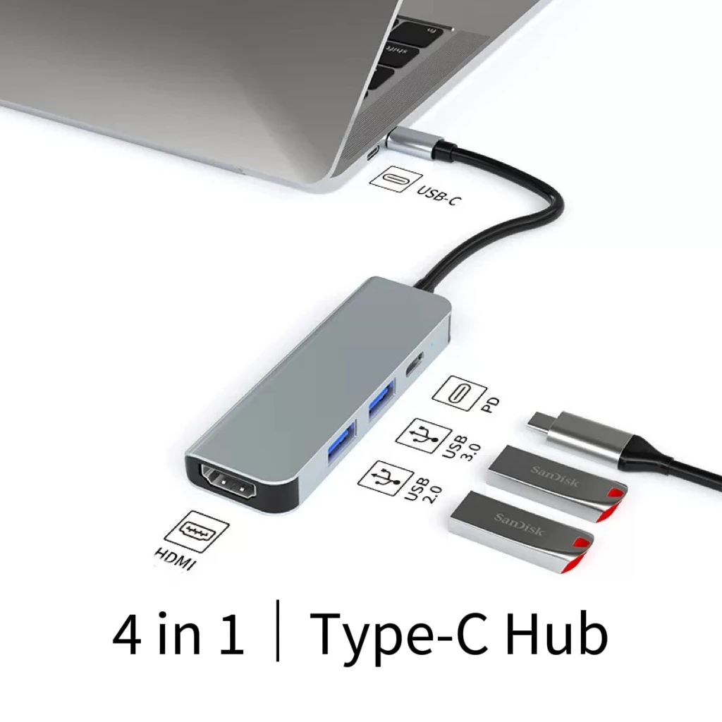 Type-C Adapter Multiport 4 in 1 HDMI 4K MacBook Pro/Air M1 Adapter with 4K HDMI, 100W PD, 2 x USB 3.0 Ports Aluminium Hub USB C
Type-C Adapter Multiport 4 in 1 HDMI 4K MacBook Pro/Air M1 Adapter with 4K HDMI, 100W PD, 2 x USB 3.0 Ports Aluminium Hub USB C