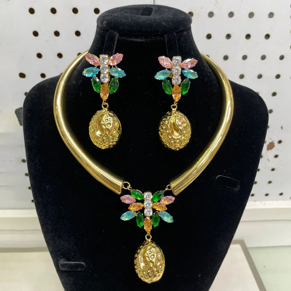 Fashion Weddings Jewelry Set for Women Colored Stone Drop Earrings and Pendant Necklace 2pcs Set Dubai African Jewelry Gifts
Fashion Weddings Jewelry Set for Women Colored Stone Drop Earrings and Pendant Necklace 2pcs Set Dubai African Jewelry Gifts