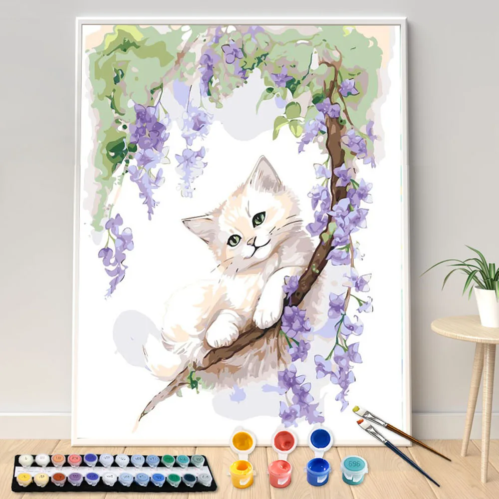 

Hand Painted Cartoon Kitte Landscape Oil Painting by Numbers Seascape DIY Acrylic Artwork Canvas Art Gift Dropshipping Kit Home