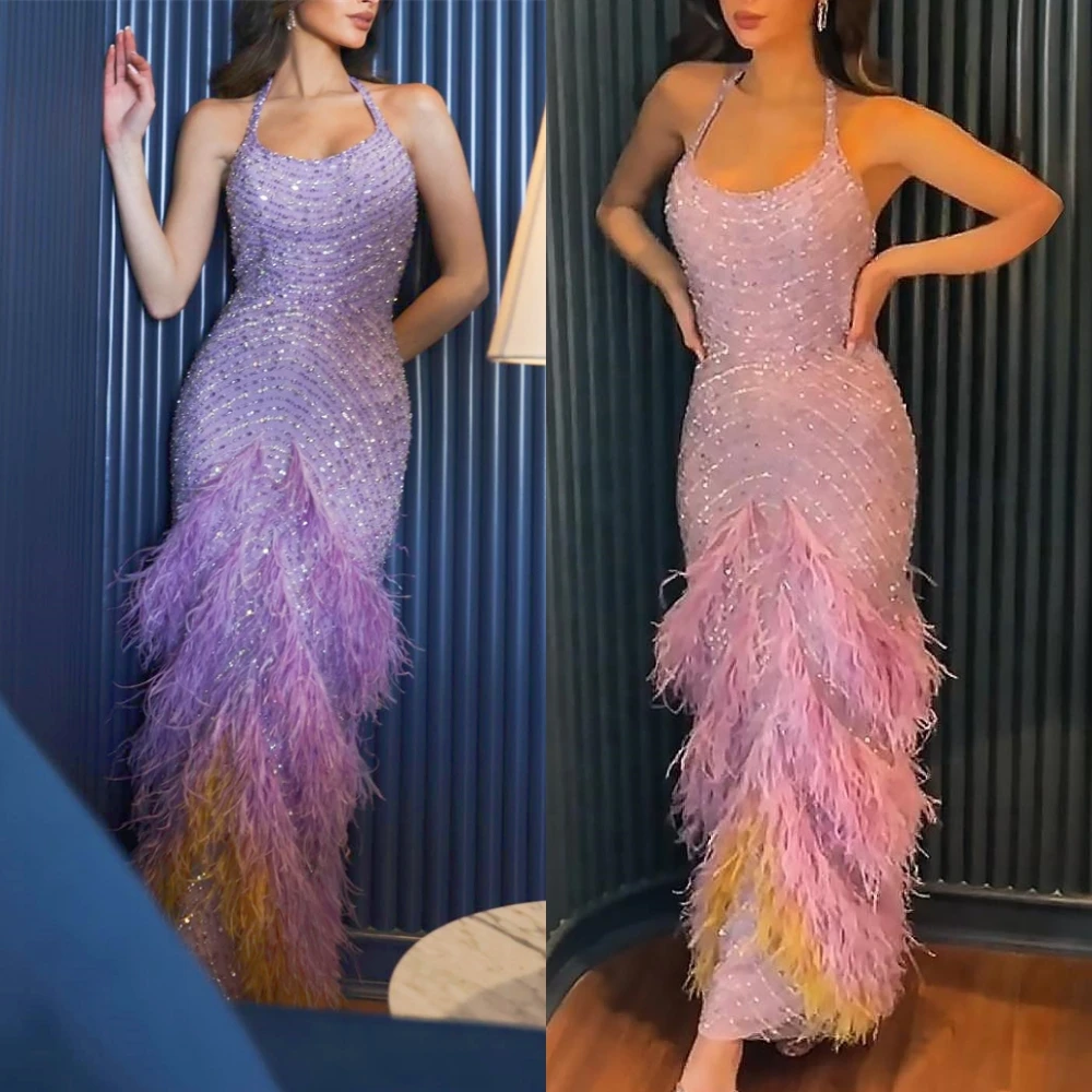 Prom Dresses with Slit Fashion Elegant Halter Mermaid Party Dress Ankle Length Sleeveless Sequin Feathers Formal Evening Gowns
Prom Dresses with Slit Fashion Elegant Halter Mermaid Party Dress Ankle Length Sleeveless Sequin Feathers Formal Evening Gowns