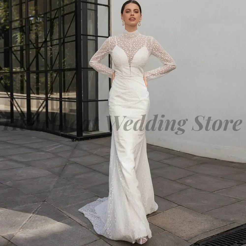 Elegant High Neck Wedding Dress with Mermaid Style Long Sleeve Button Back and Court Train Applique for Brides Robe De Mariee
Elegant High Neck Wedding Dress with Mermaid Style Long Sleeve Button Back and Court Train Applique for Brides Robe De Mariee