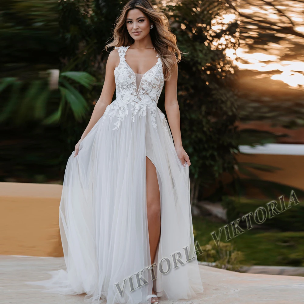 

VIKTORIA Wedding Dresses For Women 2022 Bride Slit Backless Scoop TANK V-NECK Beach Appliques Tulle Vestido De Novia Custom Made