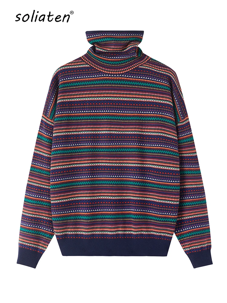 Retro Ethnic Style Turtleneck Cashmere Sweater Women Causual Colorful Striped Pullover Knitwear Wool Knitted Basic Shirt C-212
Retro Ethnic Style Turtleneck Cashmere Sweater Women Causual Colorful Striped Pullover Knitwear Wool Knitted Basic Shirt C-212