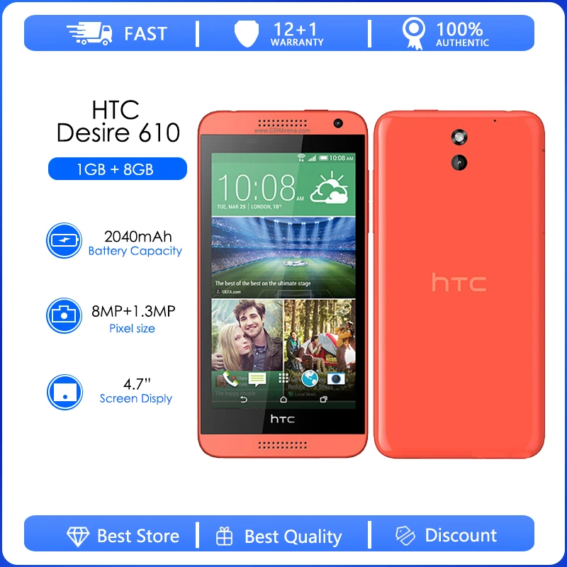 

HTC Desire 610 Refurbished-Original Qual Core phone 4.7'TouchScreen 1GB RAM 8GB ROM GPS Wifi Unlocked 3G &4G Android Cellphone