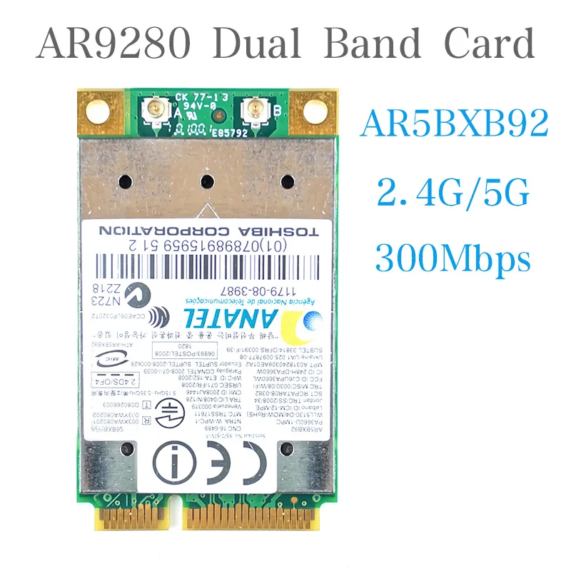 

Atheros AR9280 AR5BHB92 dual-band 2.4GHz / 5GHz 802.11a / B / G / N 300Mbps wireless wi-fi mini-pci-e card module WiFi