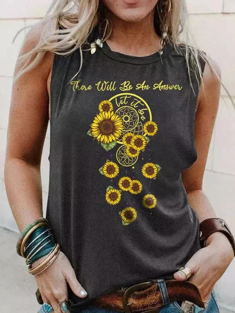 

Summer Sunflower Vest Summer Tank Camis O-Neck Sleeveless Tank Top Casual Loose Tee Shirt Streetwear Fashion Print Vest Female