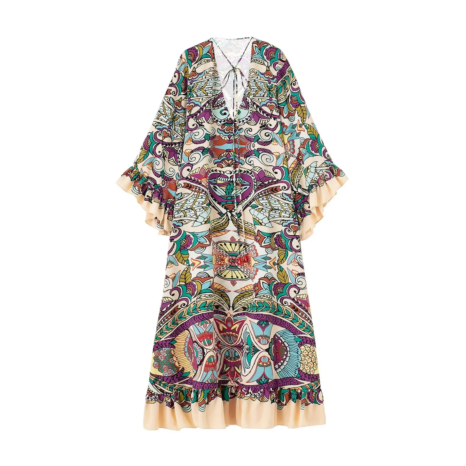Clothland Women Fashion Ruffled Print Maxi Dress V Neck Bow Tie Flare Sleeve Ankle Length Dresses Vestido Mujer QB193
Clothland Women Fashion Ruffled Print Maxi Dress V Neck Bow Tie Flare Sleeve Ankle Length Dresses Vestido Mujer QB193
